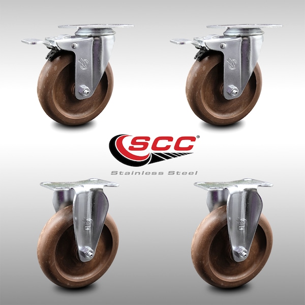 5 Inch SS High Temp Glass Filled Nylon Top Plate Caster Lock Brake 2 Rigid, 2PK